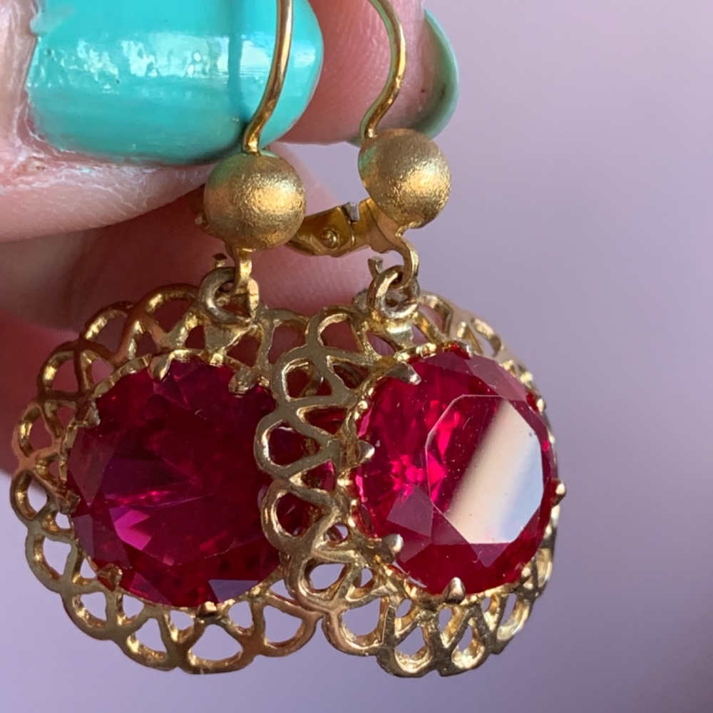 Vintage 14k Gold Huge Synthetic Ruby Dangle Drop … - image 6
